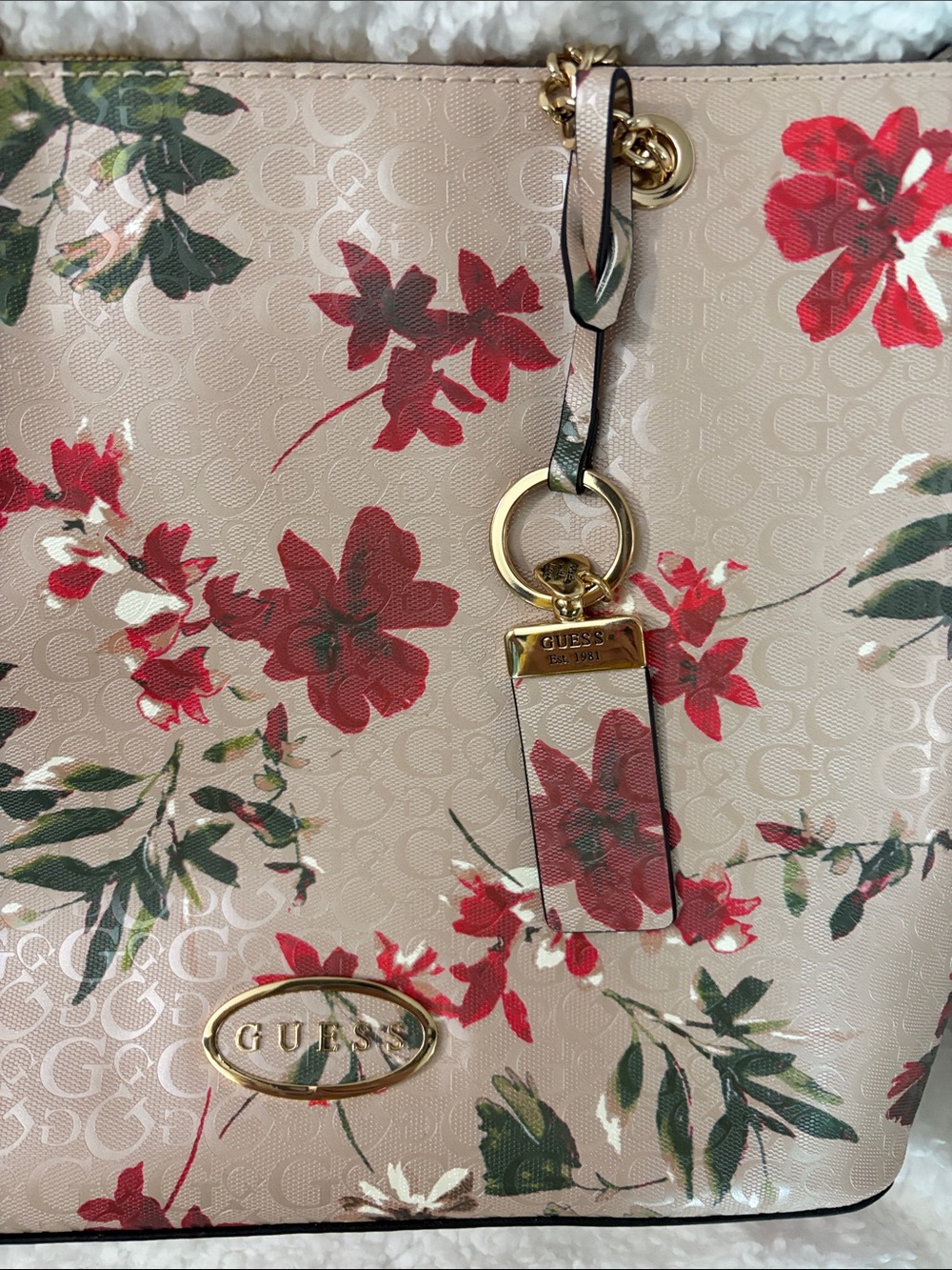 Guess Beige Floral Tote with Red Accents and Gold Chain Handles